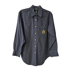 LRL Ralph Lauren Womens 6 Button-Up Shirt Embroidered Crown Crest Navy Check